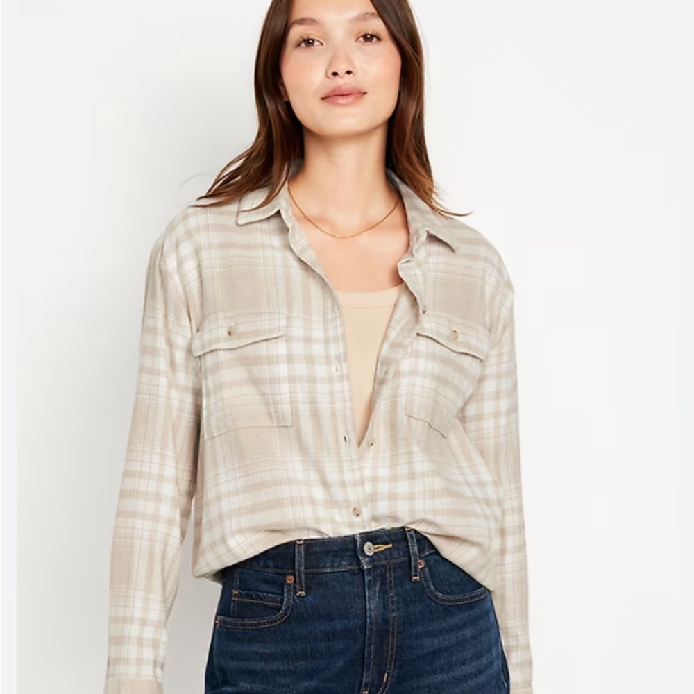 NWT Boyfriend Fit Oversized Flannel Shirt Tan / Beige Neutral